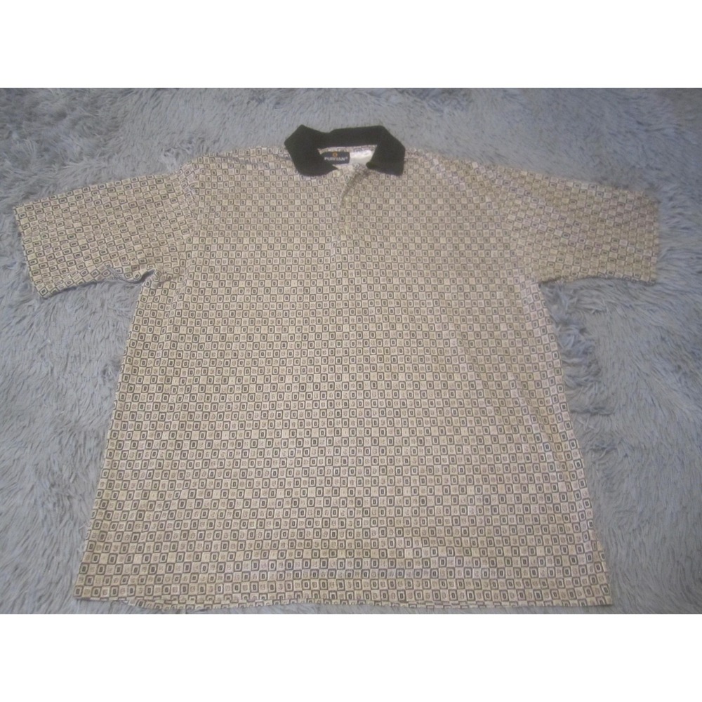 Puritan Polo Shirt Mens XL Beige Geometric Print Black Collar Casual
